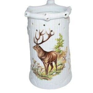 Vtg hand painted porcelain hole joke jug Hugo Schmidt Koblenz Deer Buck Mug